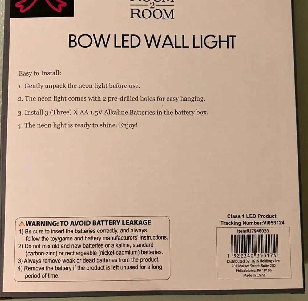 Room2Room Pink Bow LED Wall Light